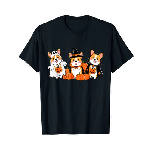 Ghost And Witch Corgi Dog Pumpkin Halloween Tee Retro Funny Ghost And Witch Corgi Dog Pumpkin Halloween Cute T-Shirt
