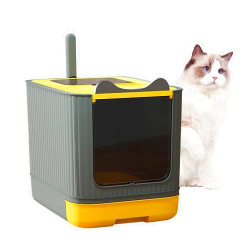 LCZLBRRD Fully Enclosed Cat Litter Box Enclosure, Premium Covered Litter Box with Lid, Anti-Splashing Easy to Clean Covered Kitty Litter Box, 3 Modes Cat can Use from Kitten to Adult(Yellow&Grey)