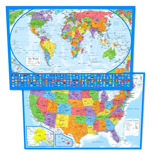 Palace Learning 2 Pack - Laminated World Map Poster & USA Map Set - Equal Earth world map design shows continents at true relative size - US Map 18” x 29”