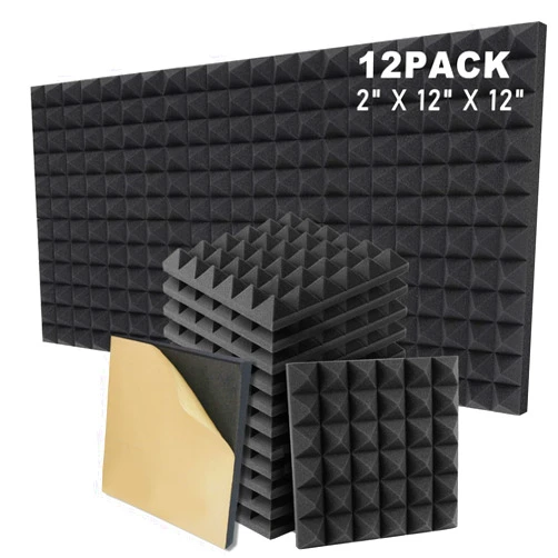 Arsyusyt 12 Pack 12 x 12 x 2 Inches Pyramid Designed Acoustic Foam Panels with Self Adhesive, Sound Proof Foam Panels Black, High Density and Fire Resistant Acoustic Panels, Studio Foam for Wall and Ceiling