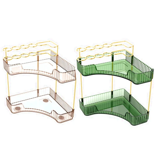 EnjoyNest Amber+Green - Bathroom Counter Organizer, 2 Tier Makeup Corner Organizer and Storage Perfume Tray for Vanity with Brush Holder Cosmetic Skincare Shelf for Dresser