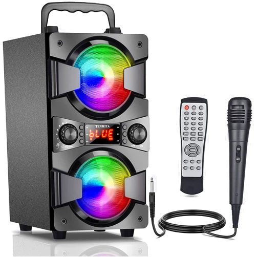 TENMIYA 60W Bluetooth Speakers Portable Wireless Speaker with Double Subwoofer Heavy Bass, FM Radio, Microphone, Lights, Remote EQ, Loud Boom Box Stereo Sound System Speaker for Home Outdoor Party Gifts(1MIC)