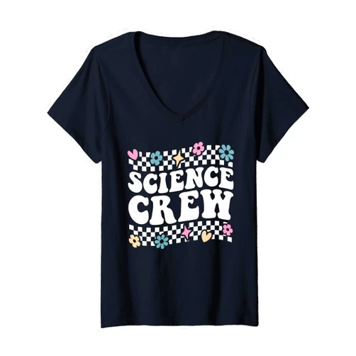 Checkered Groovy Science Crew Tee Womens Science Crew Technology Dept Teacher Team STEAM Engineering V-Neck T-Shirt