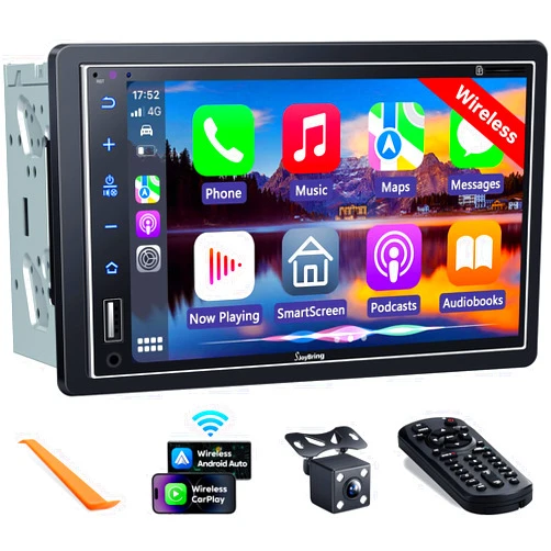 SJoyBring Wireless Double Din Carplay & Android Auto, 7 Inch Full HD Capacitive Touchscreen - Bluetooth, 4-Channel RCA, High Power, Subwoofer, Backup Camera