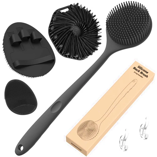 Manmihealth Silicone Back Scrubber & Soft Bath Glove Set 4 PCS(Thin Bristles), Super-Exfoliating Body Scrubber & Super-Lathering Shower Brush Combination, with 2 Free Hooks (Black)