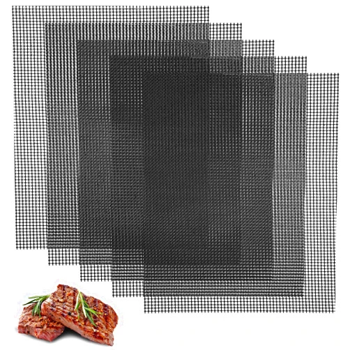 Lemecima Grill Mesh Mat Set 5 Barbecue Grill Accessories Reusable Non-Stick Grill Mat for Vegetables Fish Grilling Mat Sheets for Outdoor Smoker Charcoal Gas Electric Grill BBQ Tools,XL 15.75 x 13 inch, Black