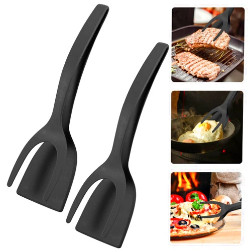 LODYFONT 2 PCS Food Spatulas Tongs, Black Kitchen Egg Flipper Spatula, 2 in 1 Grip and Flip Spatula Flipper for Eggs and Pancakes, Fish, Omelet