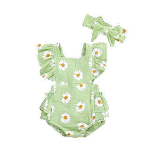MA&BABY Baby Girls Floral Cotton Leotard Romper Newborn Daisy Playsuits Ruffled Sleeve Onesie Infant Jumpsuit Clothes Headband