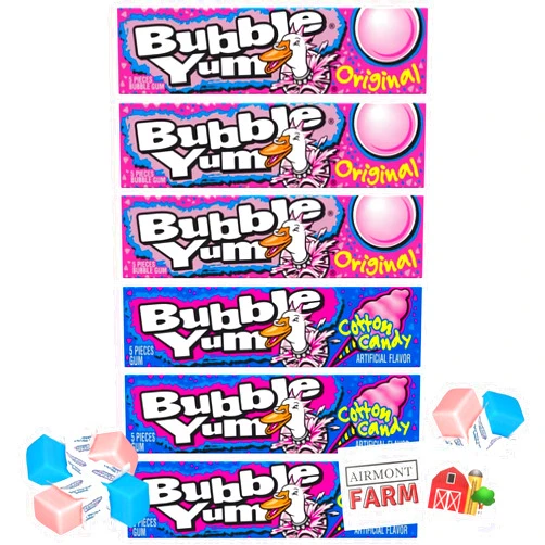 Airmont Farm Bubblegum Yum Stick 6 Pack Bubble Gum - 3 Original and 3 Cotton Candy - 5 Pieces per Stick - with 2 Stickers