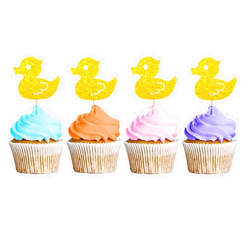 MINUET MINUTE 24PCS Duck Cupcake Toppers, Ducky Duckie Cupcake Topper for Kids, Baby Shower Party Food Picks, Animal Farm Themed Party Decoration - Gold Glitter