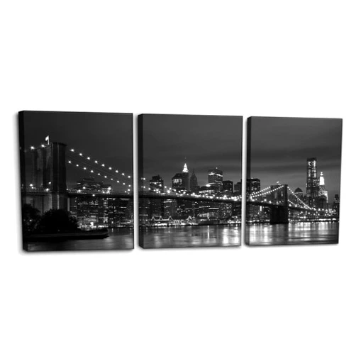 Pacimo New York Brooklyn Bridge Canvas Wall Art 3 Panels Night View Modern Landscape Artwork Cityscape Pictures Prints on Canvas Wall Decor for Home & Office Decoration - 12 x 16 inch x 3