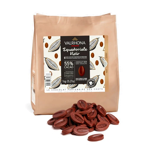 Valrhona Premium French Baking Dark Chocolate Discs (Feves). EQUATORIALE 55% Cacao. Easy Melt & Tempering. Creamy and Balanced. Great for Sauces, Cakes, Mousses, Frostings, and Candies 1kg (Pack of 1)