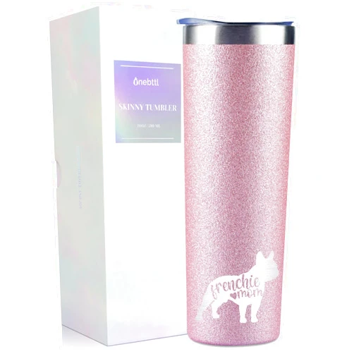 Onebttl French Bulldog Gifts for Women, Unique Dog Mom Gifts for Frenchie Mama, Glitter Rose Gold Stainless Steel Insulated Tumbler 20 oz - Frenchie Mom