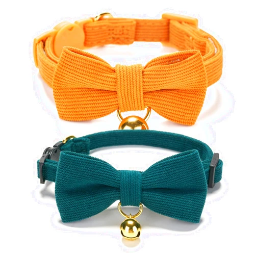Ewinoom 2 Pack Soft Corduroy Cat Collars with Bow Tie & Bell, Adjustable Breakaway Cotton Kitty Bowtie Collar for Girl Boy Kitten (Orange & Green)