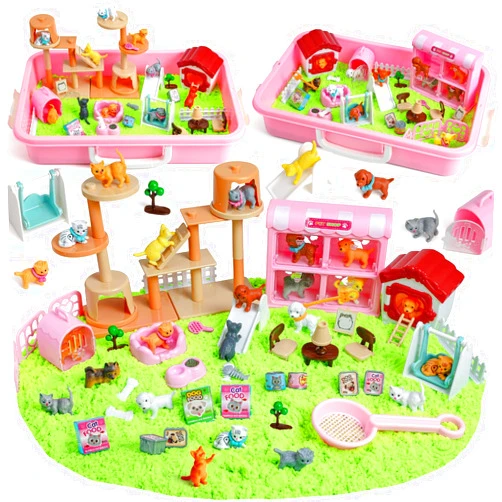 KNASON Cat and Dog Sensory Bin,Play Sand Kit for Girls and Boys with 2.2lbs Sensory Sand and Sand Box,Pet Sandbox Toys Role Pretend Play Beach Toy Birthday Present for Toddler Ages 3 4 5 6 7 8
