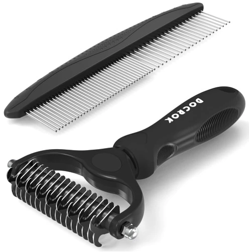 Docrok Pet Grooming Brush and Metal Comb Combo, Cat Brush Dog Brush for Shedding, Undercoat Rake for Dogs Grooming, Dematting Deshedding Brush Dogs Shedding Tool for Long matted Haired Pets, Black