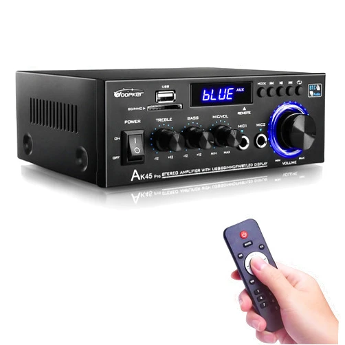 WOOPKER AK45 Pro Amplifier Home Audio Bluetooth 5.0 HiFi Stereo Amplifier Rated Power 50W 2.0 Channel Power Amplifier Mini AMP Stereo Receiver for Home Theater Speakers w/USB/SD/RCA/2 MIC in for Karaoke