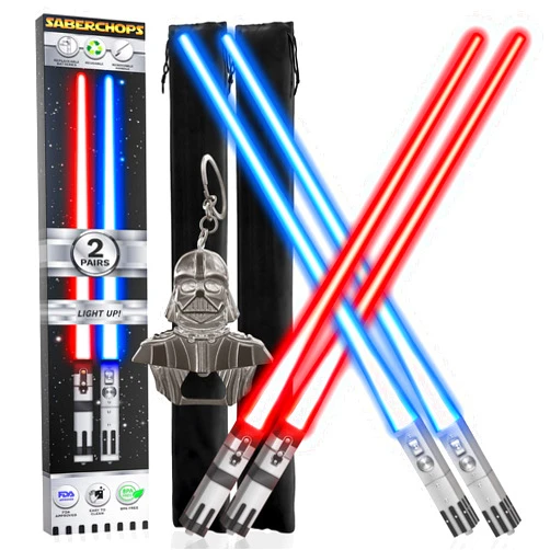 Saber Chops Lightsaber Chopsticks Light Up Star Wars LED Reusable Red & Blue 2 PAIRS FREE Darth Vader Keychain Bottle Opener