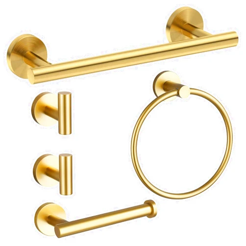 GROOFOO Bathroom Hardware Set, Towel Bar Set Wall Mounted Bathroom Hardware Accessories, SUS304 Stainless Steel Gold Bath Towel Bar Set, Including Towel Bars, Toilet Paper Holders, Towel Rings, Towel Hooks