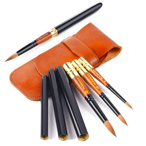 Fuumuui Travel Watercolor Brushes, Fuumuui 3Pcs Plein Air Elegant Sable Water Color Brushes with Pocket Size Leather Pouch Perfect for Watercolor Gouache Ink Painting