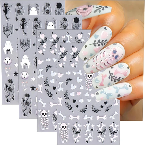 SHUXILIN 4 Sheets Halloween Skull Nail Art Stickers Cute Ghost Spider Web Cats Nail Decals 5D Micro-Embossed Self-Adhesive Halloween Horror Skeleton Nail Designs Accessories for Women Holiday Manicure Decor