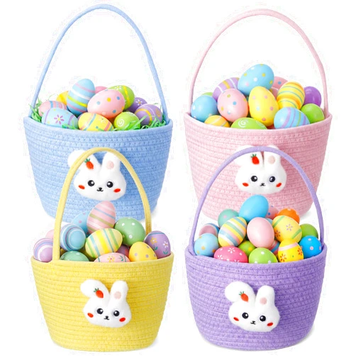 Gandeer 4 Pcs Easter Basket Woven Bunny Bags with Handle Hunting Hunt Bucket Empty Egg Basket with Bunny Accessories for Easter Gift Egg Hunts Party Decorations (4 Colors)