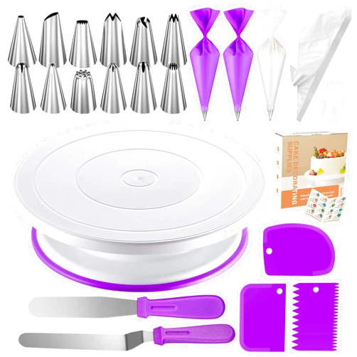 Kootek 71PCs Cake Decorating Supplies Kit with Revolving Cake Stand Turntable, 12 Numbered Icing Piping Tips, 2 Spatulas, 3 Icing Comb Scraper, 50+2 Piping Bags, and 1 Coupler for Baking