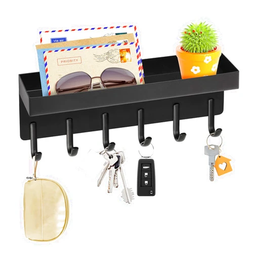 VIS'V Key Holder Wall Mount, Small Metal Key Rack with Tray Narrow Key Holder with Shelf Compact Adhesive Key Hanger with 6 Key Hooks for Entryway Doorway Hallway 2 Mount Options Matte Black