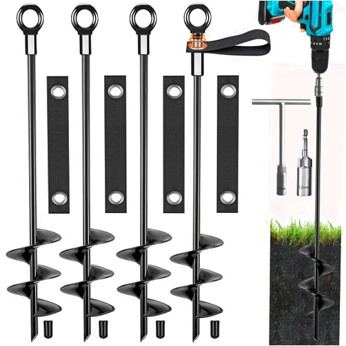 Fabulas Ground Anchors, Trampoline Stakes Anchors High Wind Heavy Duty 16 Inch 4 Pack, Screw in Spiral Trampoline Tie Down Anchor Kit with Straps for Shed Swing Set Hurricane Tent Dog Carport Playset