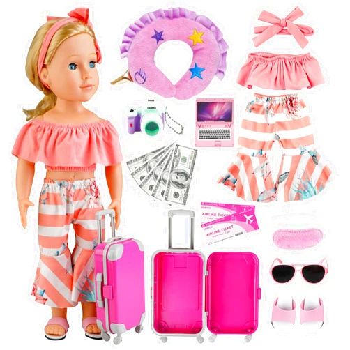 COSYOO 17 PCS Doll Travel Set Suitcase American Doll Accessories for Girl 18 Inch Including Suitcase Luggage A Set of Clothes Slippers Sunglasses Camera Laptop Unicorn Pillow Blindfold