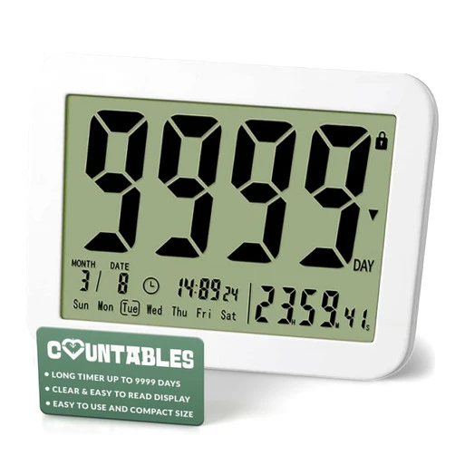 Countables 9999 Days Countdown Clock - Reusable Count Down Timer - Large Display LCD Digital Timer - Visual Countdown Clock and Calendar for Retirement, Wedding, Birthday, Holiday & More (White)