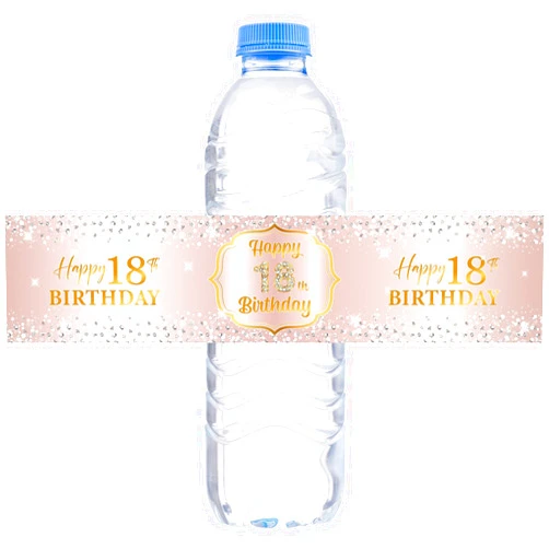 WOWOPA 32 Pcs Happy 18th Birthday Water Bottle Labels, Cheers to 18 Years Birthday Party Water Bottle Labels Stickers Decoration - Pink