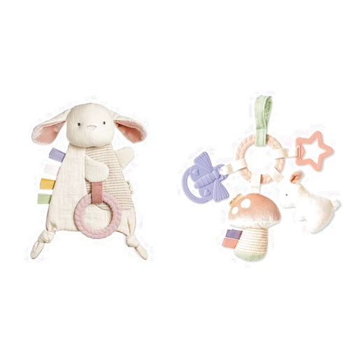 Itzy Ritzy - Bitzy Crinkle Sensory Toy Bunny with Crinkle Sound for Babies & Toddlers - Features Sof & Teething Activity Toy - Bitzy Busy Ring Features Braided Teething Ring and Dangling Toys