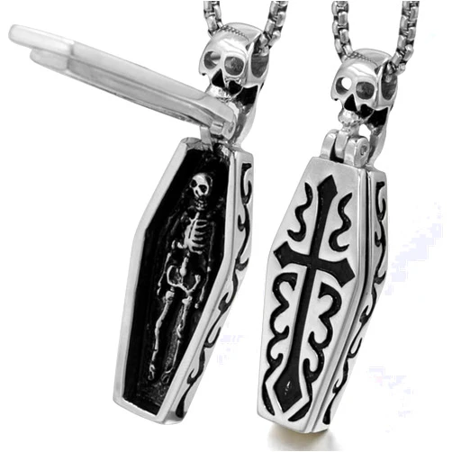HANBOLI Vampire Coffin Necklace, Vintage Men Stainless Steel Steampunk Coffin Vampire Skull Skeleton Pendant Necklace Gothic Punk Rock Biker Jewelry Gift
