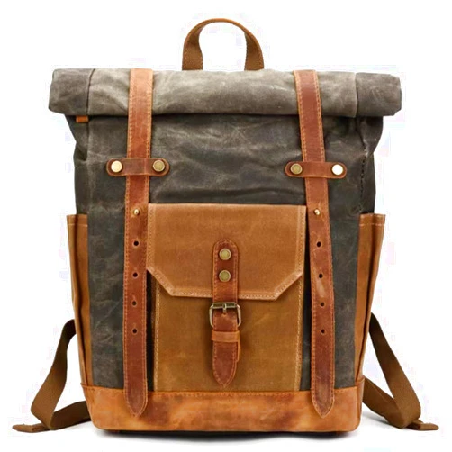 CRUITBILI Waxed Canvas Leather Hiking Travel Waterproof Backpack for College Weekend Travel Fit 15in laptops (Classic Army Green)