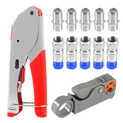 D-FLIFE Coax Cable Crimper Tool Kit Coaxial Compression Tool Fitting Wire Stripper with 5PCS RG6 F Type Connector + 5PCS RG6 Coax Cable Extender