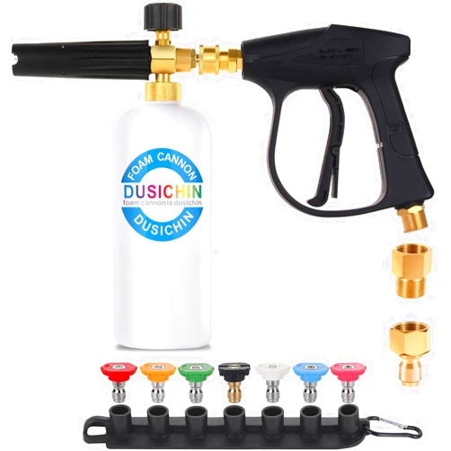 DUSICHIN Pressure Washer Gun Snow Foam Lance 7 Pressure Washer Nozzle tip 1/4 Inch Quick Connector Tip Holder 33 Oz 2 Brass Fitting M22-14 M22-15 and 3/8” for Vary Pressure Washer Hoses DUS-618