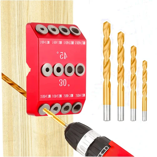Generic 30 45 90° Angle Drill Guide Jig with 4 Size Bits, Portable Pocket All-Metal Drilling Jig for Straight and Angled Holes, Cable Railing Lag Screw Kit Wood Post, Railing Deck Stair Handrail