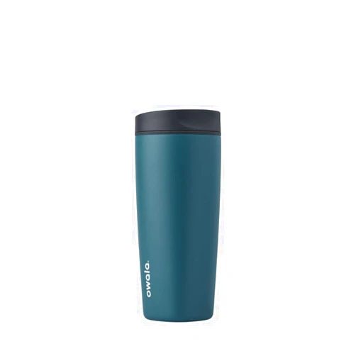 Owala SmoothSip Slider Insulated Stainless Steel Coffee Tumbler, Reusable Iced Coffee Cup, Hot Coffee Travel Mug, BPA Free 20 oz, Grey/Blue (High Dive)