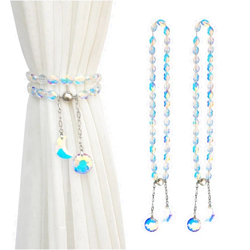 PEDOBO Magnetic Curtain Tiebacks, 2 Pack Crystal Beaded Sun & Moon Pendants Sheers/Draperies Holdbacks for Window Home Office Decor (Crystal AB)
