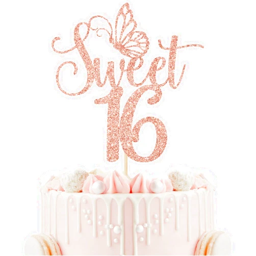 Calarjeta Sweet 16 Cake Topper, Happy 16th Birthday Cake Topper, Happy Sweet Sixteen Cake Decorations, 16th Birthday Party Decorations (Rose Gold Glitter)