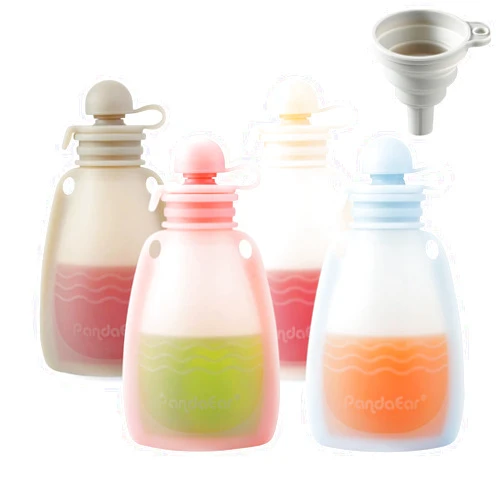 PandaEar Reusable Silicone Baby Food Pouches, 4 Pack Squeeze Pouches for Toddler Kids, BPA-Free Silicone Refillable Baby Food Storage, 5.5 oz
