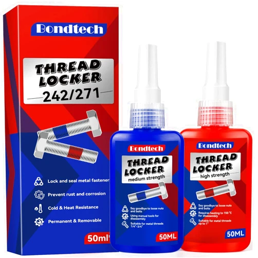 Bondtech Thread Lock Blue 242 and Red 271, Lock Tight Threadlocker Medium and High Strength, Thread Locker for Nuts, Bolts, Fasteners and Metals, Against Losening and Leakage (50 mlx2)