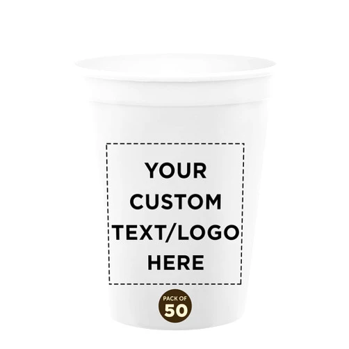 DISCOUNT PROMOS Custom Plastic Stadium Cups 16 oz. Set of 50, Personalized Bulk Pack - Perfect for Birthdays, Weddings, Picnic, Beach, Parties - White