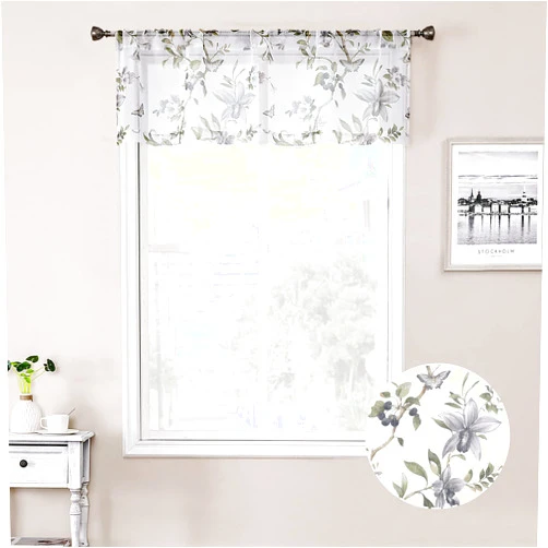 Tollpiz Floral Sheer Curtain Valance Grey Cherry Flower Butterfly Print Living Room Valance Curtains Rod Pocket Voile White Sheer Curtain Valances for Bedroom, 54 x 16 inches Long, Set of 1 Panel
