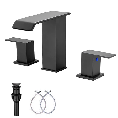 GGStudy Waterfall Bathroom Faucet Matte Black Widespread 3 Holes 2 Handle Black Modern Bathroom Sink Faucet with Pop Up Drain High Double Handle