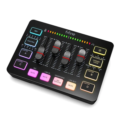 FIFINE Gaming Audio Mixer, Streaming RGB PC Mixer with XLR Microphone Interface, Individual Control, Volume Fader, Mute Button, 48V Phantom Power, for Podcast/Recording/Vocal/Game Voice-AmpliGame SC3