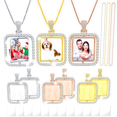 Junkin 24 Pcs Sublimation Rhinestone Trays Pendant Set, Including 6 Double Sided Blank Rhinestone Bezel Trays, 6 Pcs Thick Chains with 12 Sublimation Discs for Making