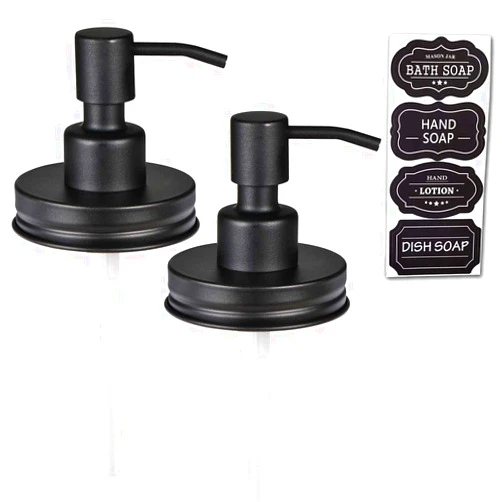 Amolliar Mason Jar Liquid Soap Dispenser Lid, Rust Proof Stainless Steel Replacement, Farmhouse Decor for Kitchen, Bathroom, Bath, Liquid Soap Pump for Hand Soap, Dish Soap, Lotion Soap, Black 2 Pack