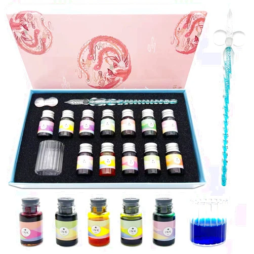 ASXMA Calligraphy Dip Pen Set - 12 Colorful Inks, Glass Pen Holder, Glass, Crystal Pen for Art Writing, Drawing, Signatures, Decoration,Holiday Gift Set Calligraphy Beginners